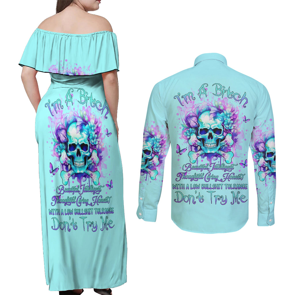Flower Skull Couples Matching Off Shoulder Maxi Dress and Long Sleeve Button Shirt I'm A Bitch With A Low Bullshiit Tolrange Don't Try Me - Wonder Print Shop