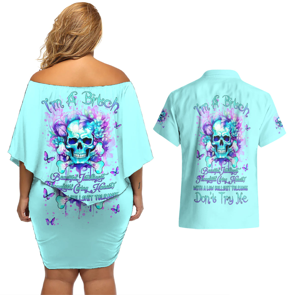 Flower Skull Couples Matching Off Shoulder Short Dress and Hawaiian Shirt I'm A Bitch With A Low Bullshiit Tolrange Don't Try Me - Wonder Print Shop