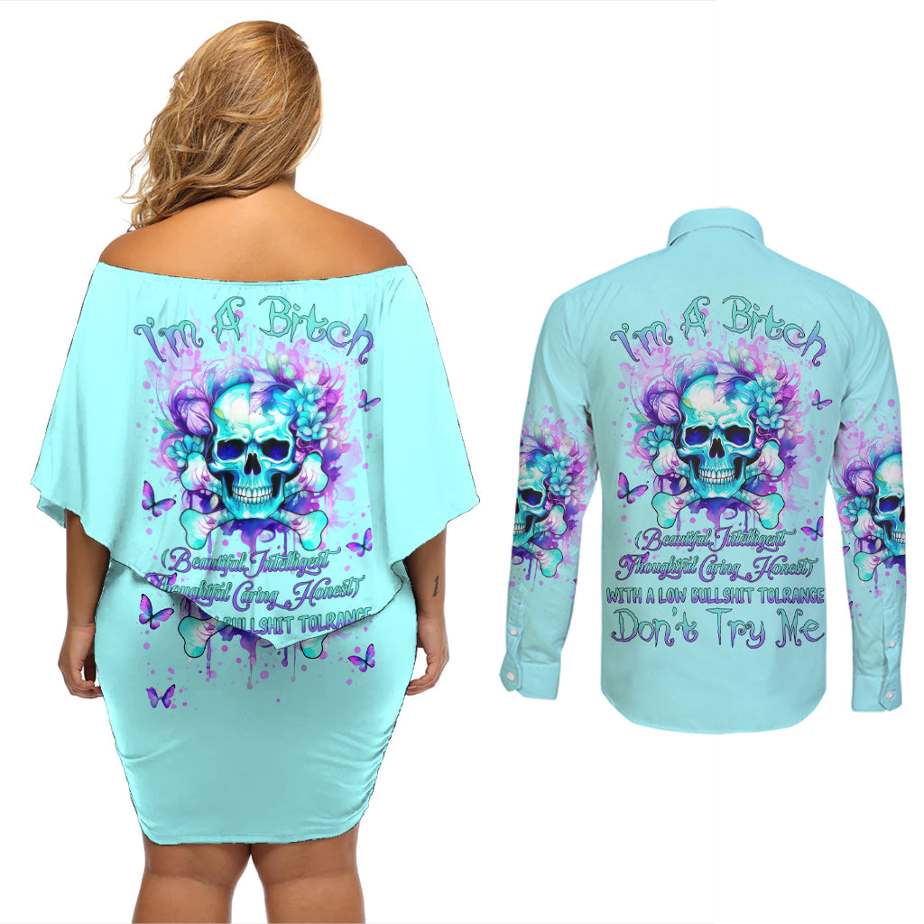 Flower Skull Couples Matching Off Shoulder Short Dress and Long Sleeve Button Shirt I'm A Bitch With A Low Bullshiit Tolrange Don't Try Me - Wonder Print Shop