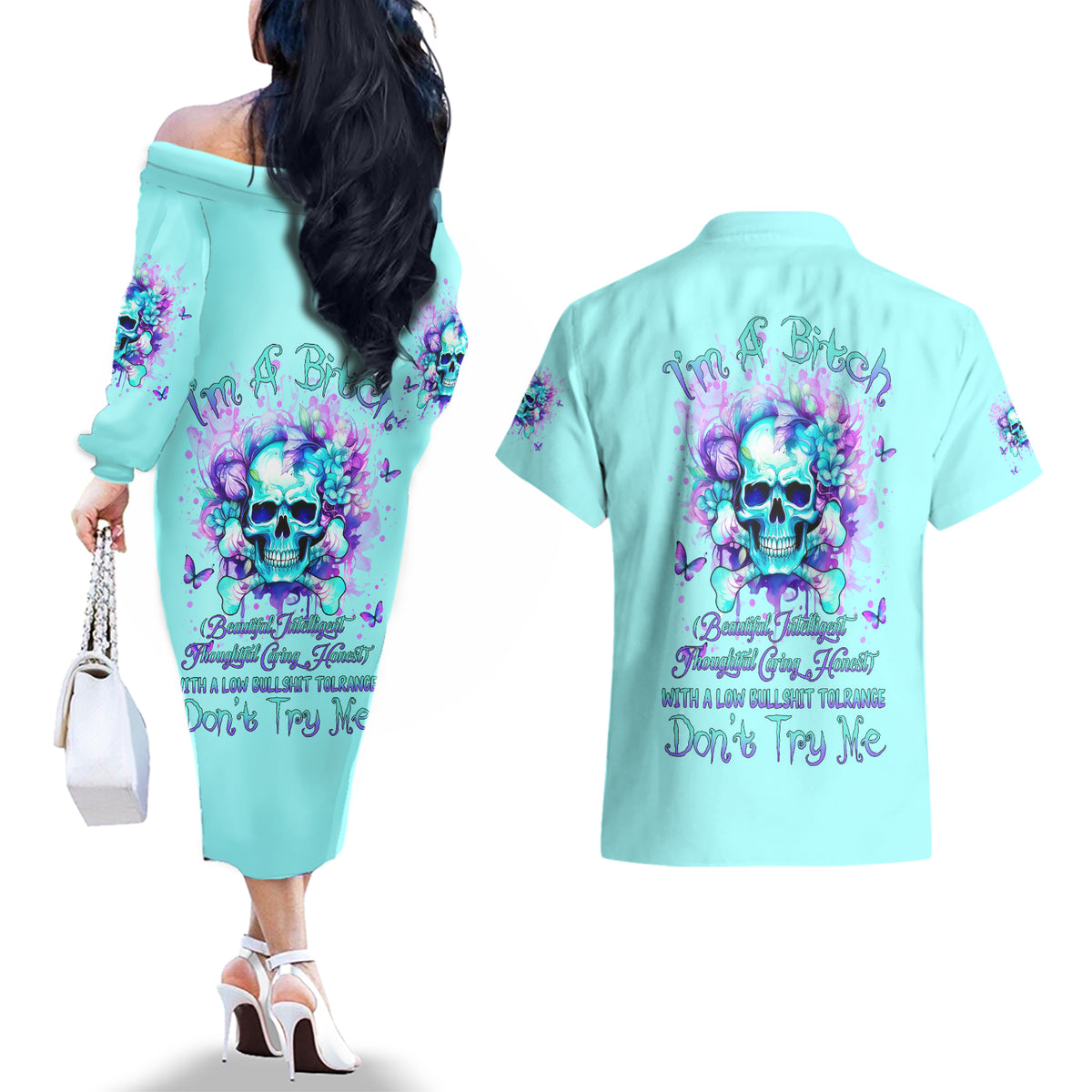 Flower Skull Couples Matching Off The Shoulder Long Sleeve Dress and Hawaiian Shirt I'm A Bitch With A Low Bullshiit Tolrange Don't Try Me - Wonder Print Shop
