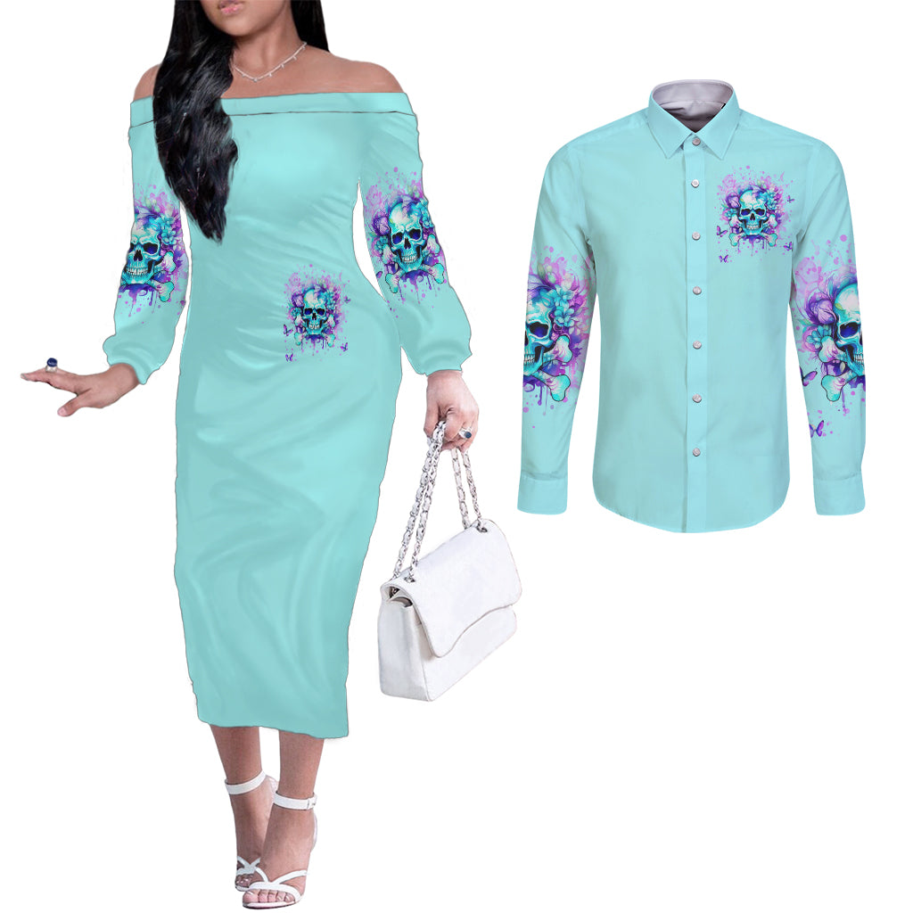 Flower Skull Couples Matching Off The Shoulder Long Sleeve Dress and Long Sleeve Button Shirt I'm A Bitch With A Low Bullshiit Tolrange Don't Try Me