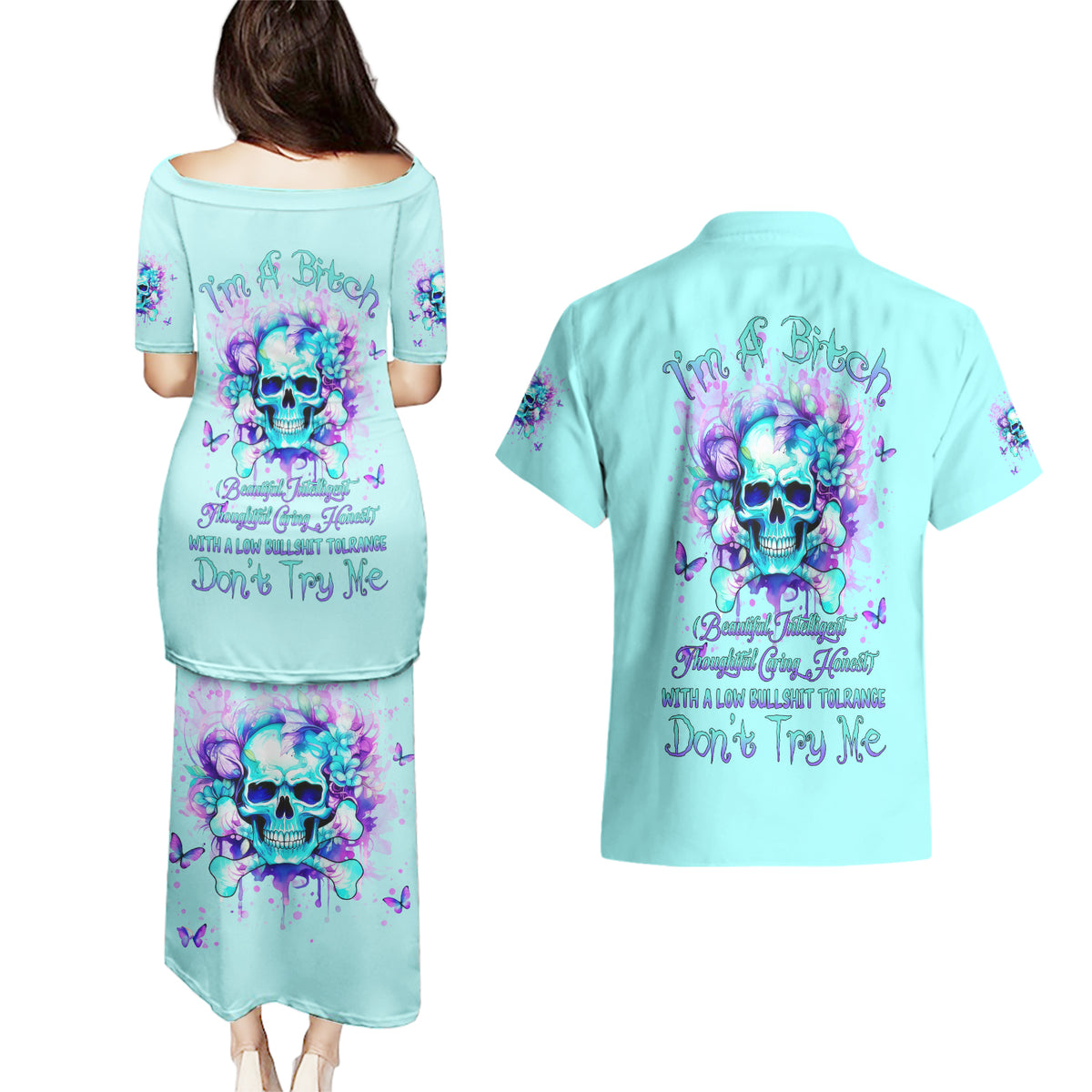 Flower Skull Couples Matching Puletasi and Hawaiian Shirt I'm A Bitch With A Low Bullshiit Tolrange Don't Try Me - Wonder Print Shop