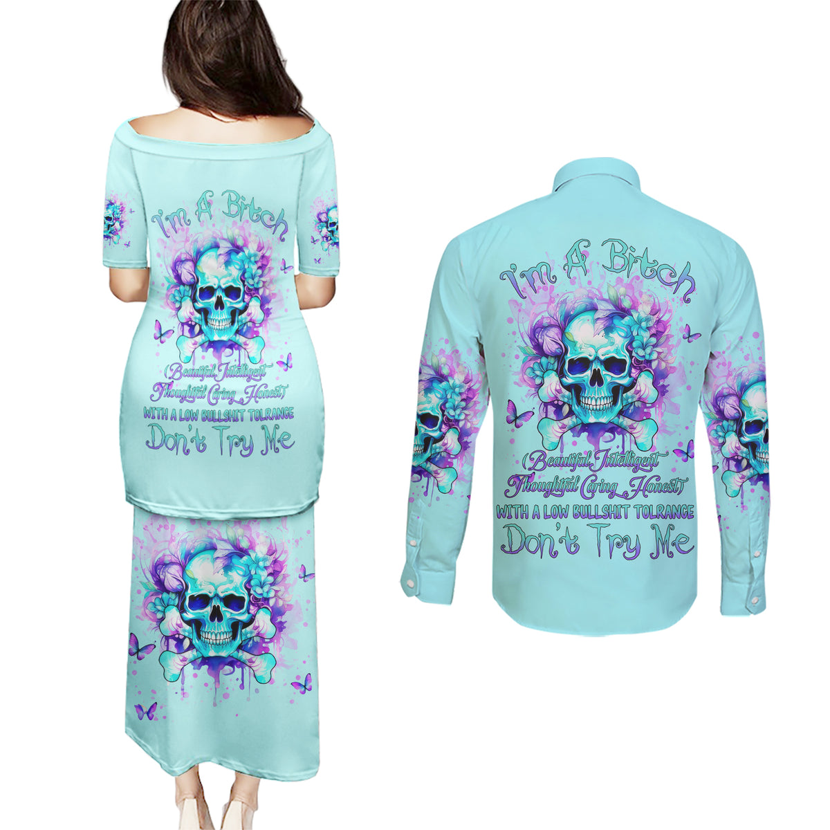 Flower Skull Couples Matching Puletasi and Long Sleeve Button Shirt I'm A Bitch With A Low Bullshiit Tolrange Don't Try Me - Wonder Print Shop