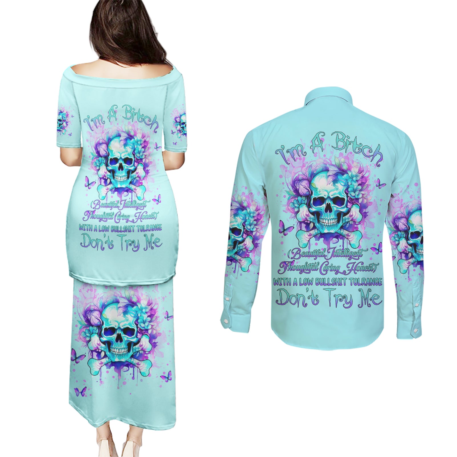 Flower Skull Couples Matching Puletasi and Long Sleeve Button Shirt I'm A Bitch With A Low Bullshiit Tolrange Don't Try Me - Wonder Print Shop
