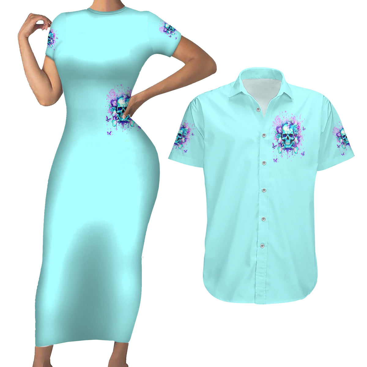 Flower Skull Couples Matching Short Sleeve Bodycon Dress and Hawaiian Shirt I'm A Bitch With A Low Bullshiit Tolrange Don't Try Me - Wonder Print Shop
