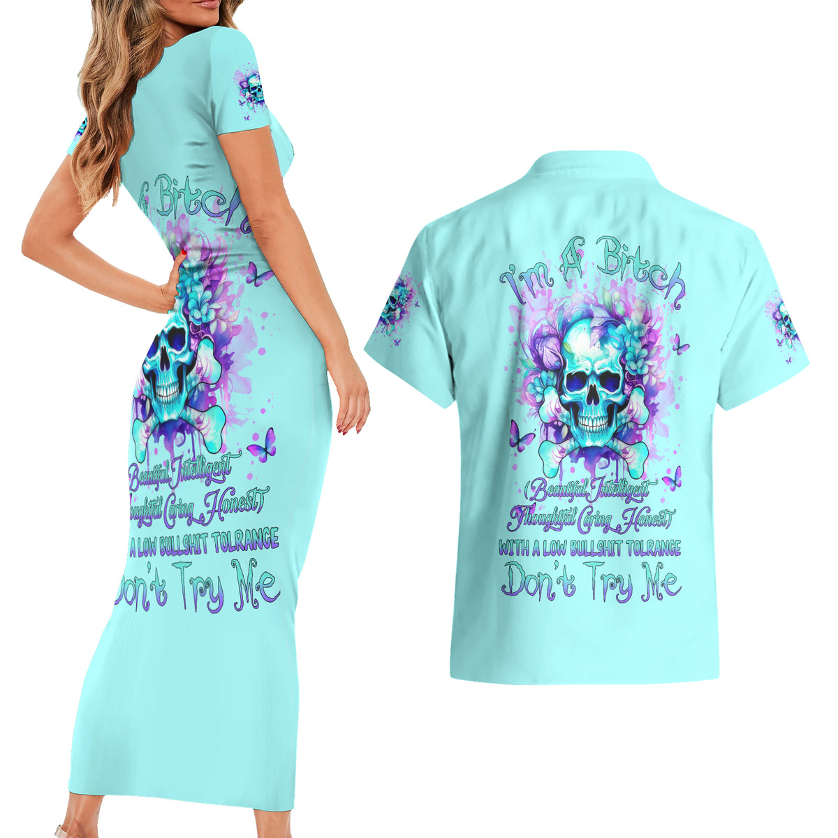 Flower Skull Couples Matching Short Sleeve Bodycon Dress and Hawaiian Shirt I'm A Bitch With A Low Bullshiit Tolrange Don't Try Me - Wonder Print Shop