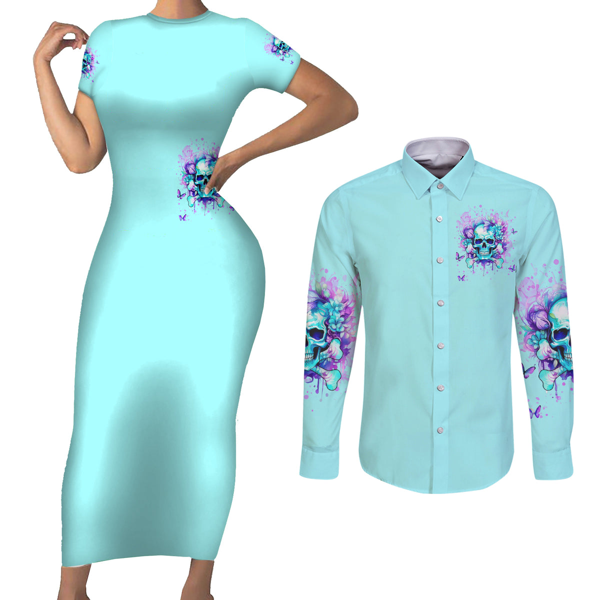 Flower Skull Couples Matching Short Sleeve Bodycon Dress and Long Sleeve Button Shirt I'm A Bitch With A Low Bullshiit Tolrange Don't Try Me - Wonder Print Shop