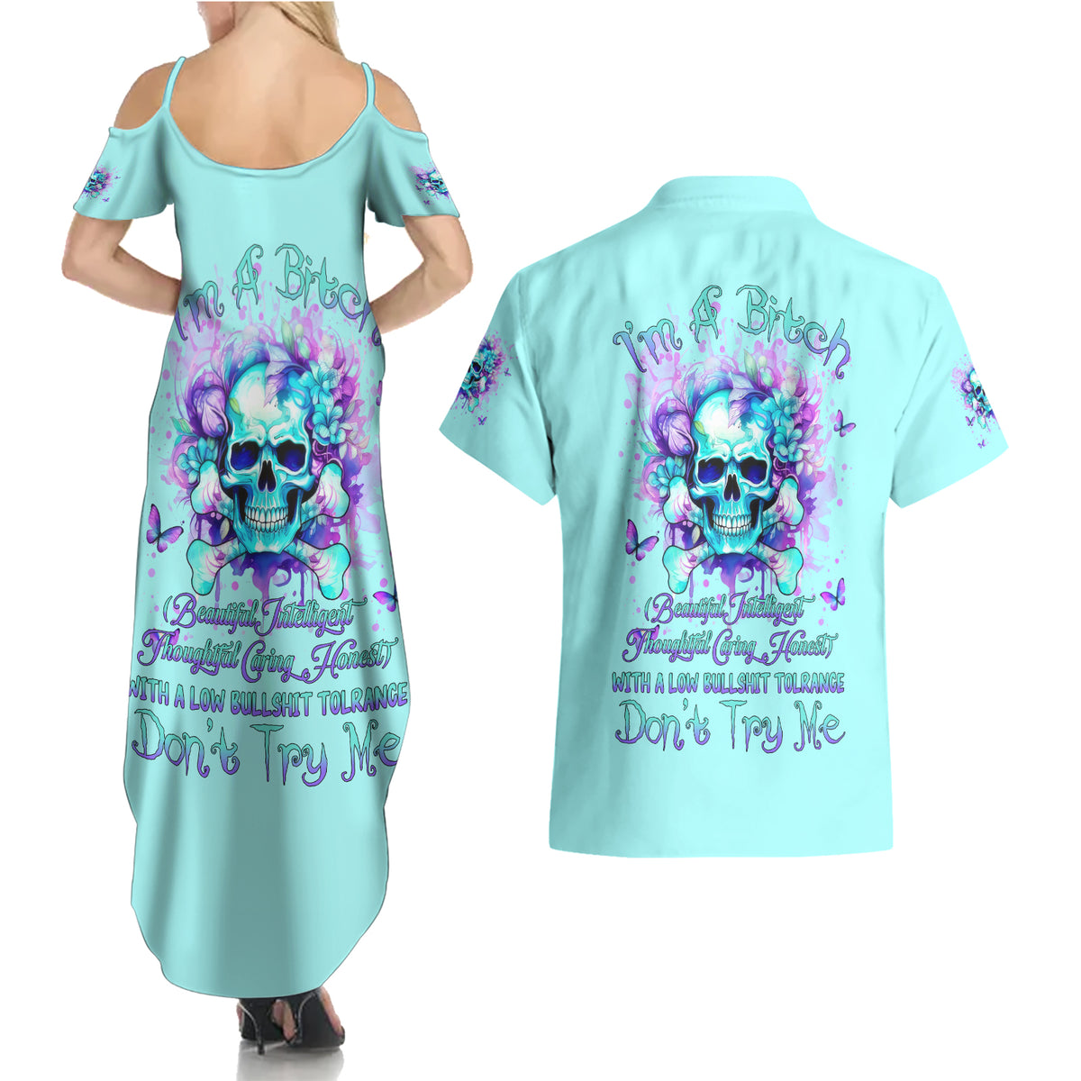 Flower Skull Couples Matching Summer Maxi Dress and Hawaiian Shirt I'm A Bitch With A Low Bullshiit Tolrange Don't Try Me - Wonder Print Shop