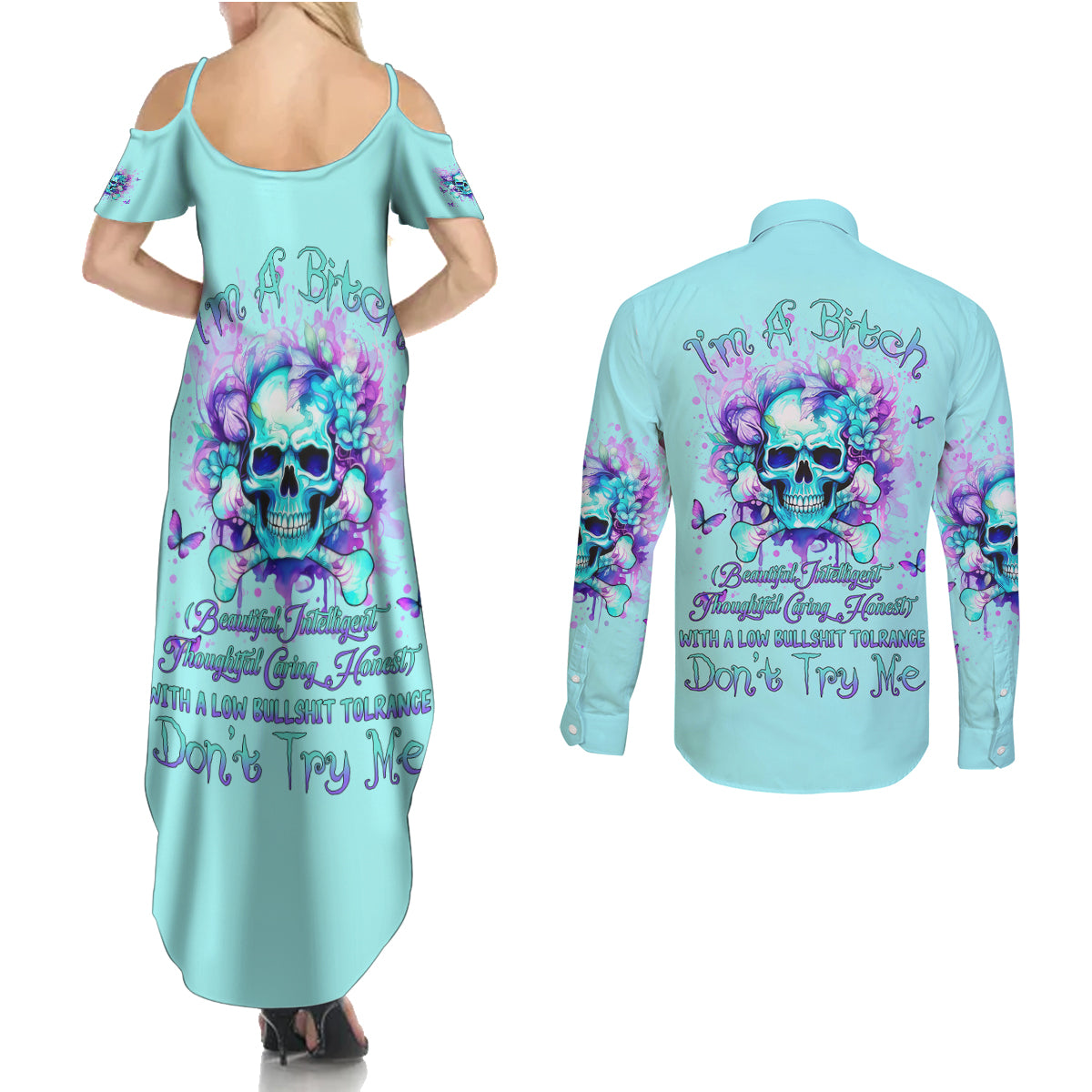 Flower Skull Couples Matching Summer Maxi Dress and Long Sleeve Button Shirt I'm A Bitch With A Low Bullshiit Tolrange Don't Try Me - Wonder Print Shop