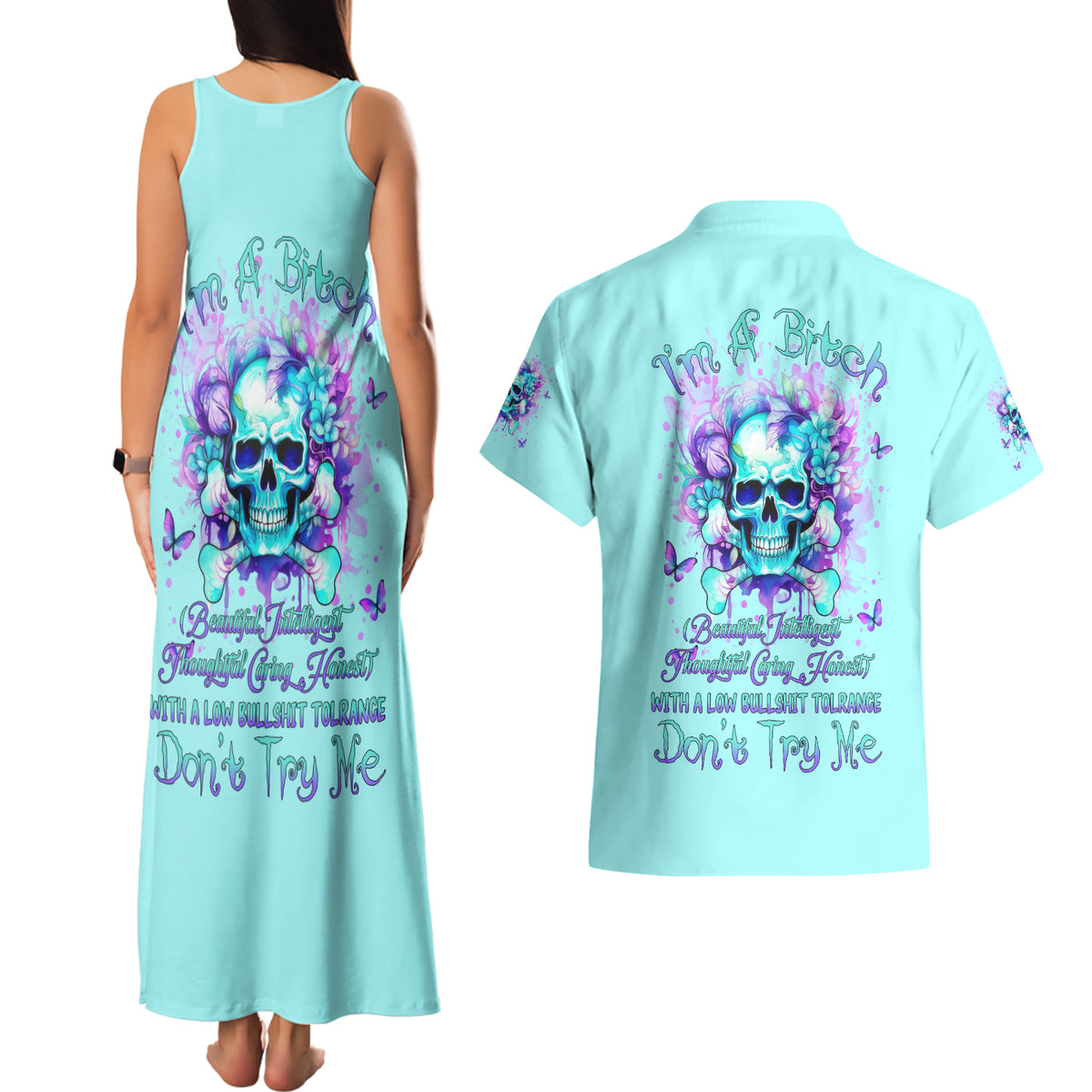Flower Skull Couples Matching Tank Maxi Dress and Hawaiian Shirt I'm A Bitch With A Low Bullshiit Tolrange Don't Try Me - Wonder Print Shop