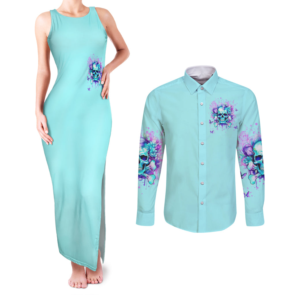 Flower Skull Couples Matching Tank Maxi Dress and Long Sleeve Button Shirt I'm A Bitch With A Low Bullshiit Tolrange Don't Try Me - Wonder Print Shop