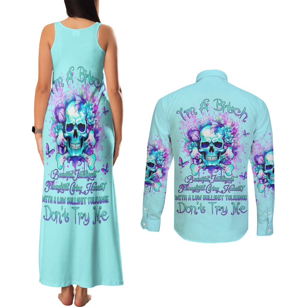 Flower Skull Couples Matching Tank Maxi Dress and Long Sleeve Button Shirt I'm A Bitch With A Low Bullshiit Tolrange Don't Try Me - Wonder Print Shop