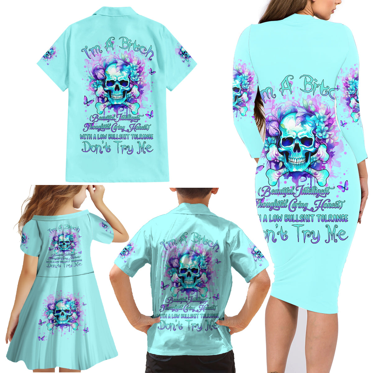 Flower Skull Family Matching Long Sleeve Bodycon Dress and Hawaiian Shirt I'm A Bitch With A Low Bullshiit Tolrange Don't Try Me - Wonder Print Shop