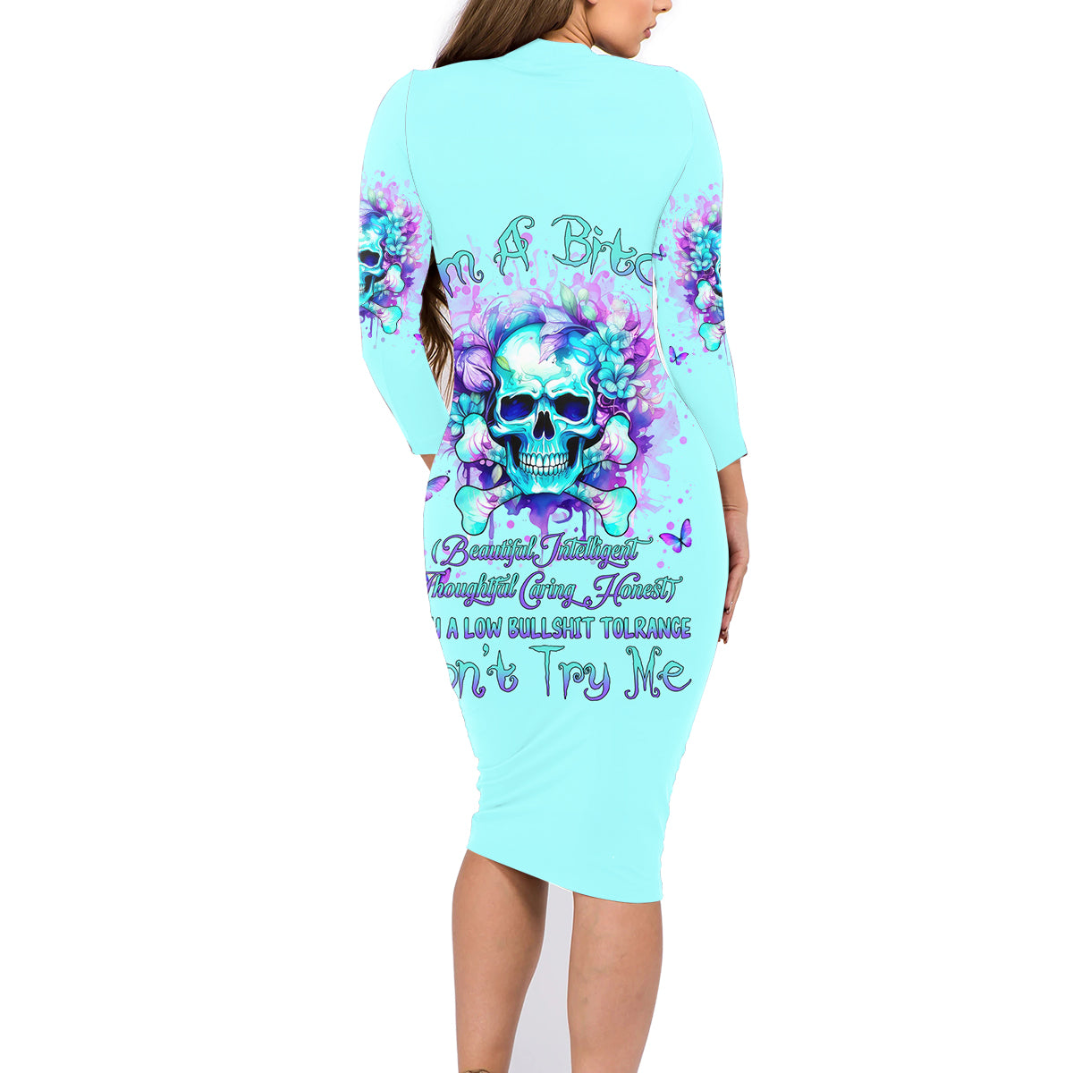 Flower Skull Family Matching Long Sleeve Bodycon Dress and Hawaiian Shirt I'm A Bitch With A Low Bullshiit Tolrange Don't Try Me - Wonder Print Shop