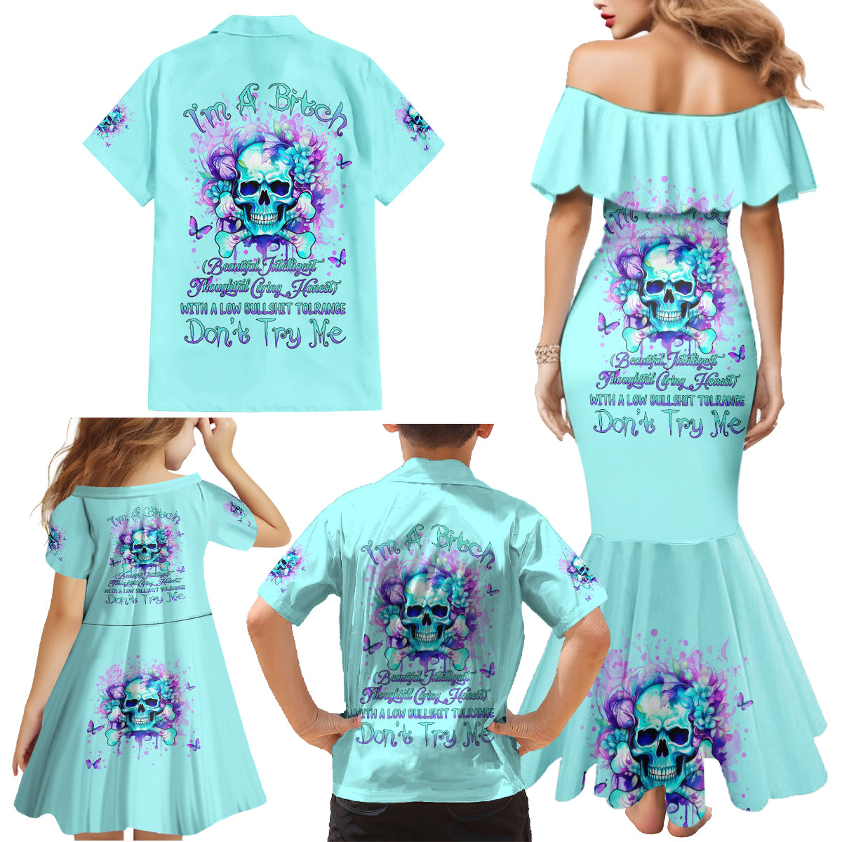 Flower Skull Family Matching Mermaid Dress and Hawaiian Shirt I'm A Bitch With A Low Bullshiit Tolrange Don't Try Me - Wonder Print Shop