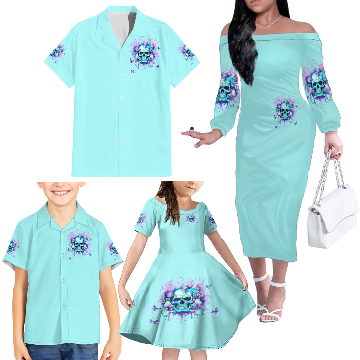 Flower Skull Family Matching Off Shoulder Long Sleeve Dress and Hawaiian Shirt I'm A Bitch With A Low Bullshiit Tolrange Don't Try Me - Wonder Print Shop