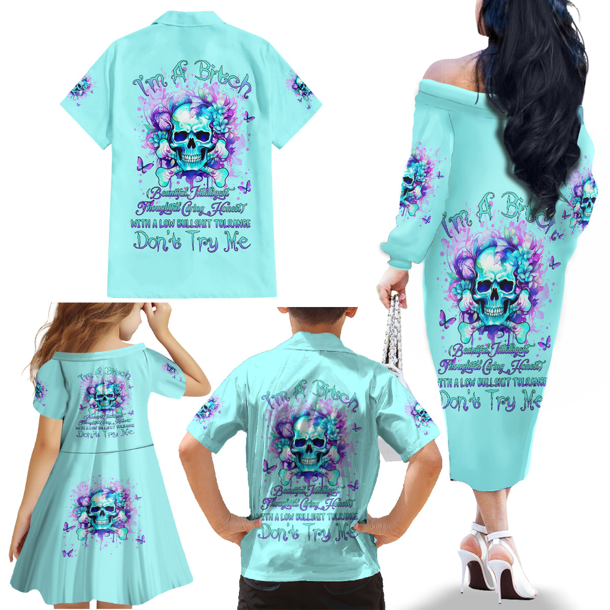 Flower Skull Family Matching Off Shoulder Long Sleeve Dress and Hawaiian Shirt I'm A Bitch With A Low Bullshiit Tolrange Don't Try Me - Wonder Print Shop