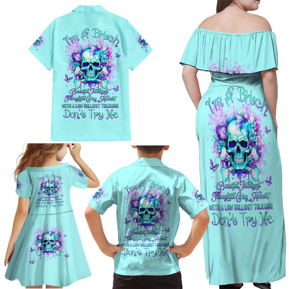 Flower Skull Family Matching Off Shoulder Maxi Dress and Hawaiian Shirt I'm A Bitch With A Low Bullshiit Tolrange Don't Try Me - Wonder Print Shop