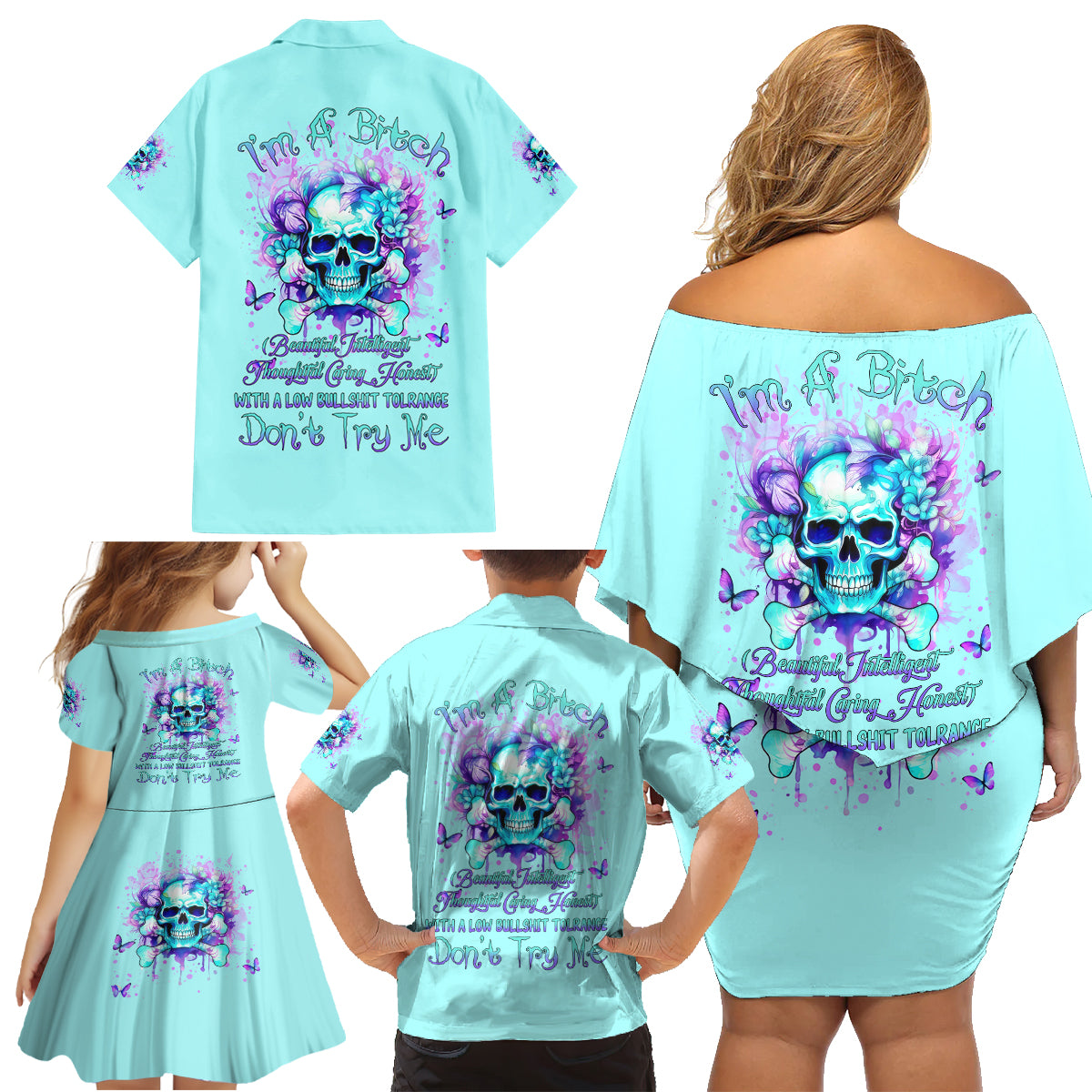Flower Skull Family Matching Off Shoulder Short Dress and Hawaiian Shirt I'm A Bitch With A Low Bullshiit Tolrange Don't Try Me - Wonder Print Shop
