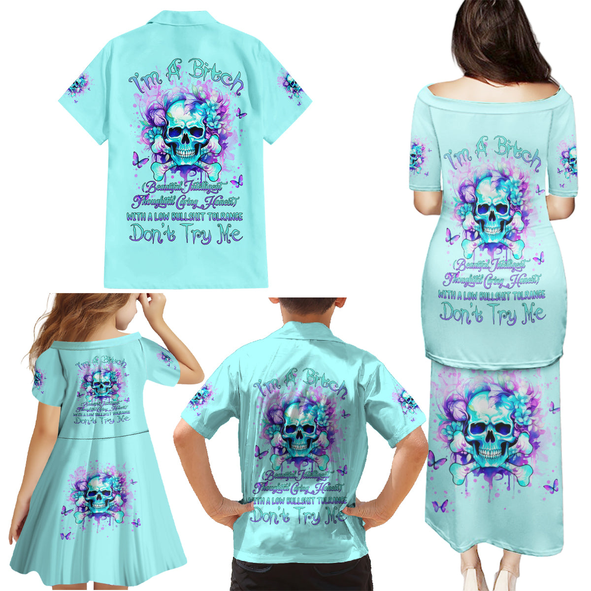 Flower Skull Family Matching Puletasi and Hawaiian Shirt I'm A Bitch With A Low Bullshiit Tolrange Don't Try Me - Wonder Print Shop