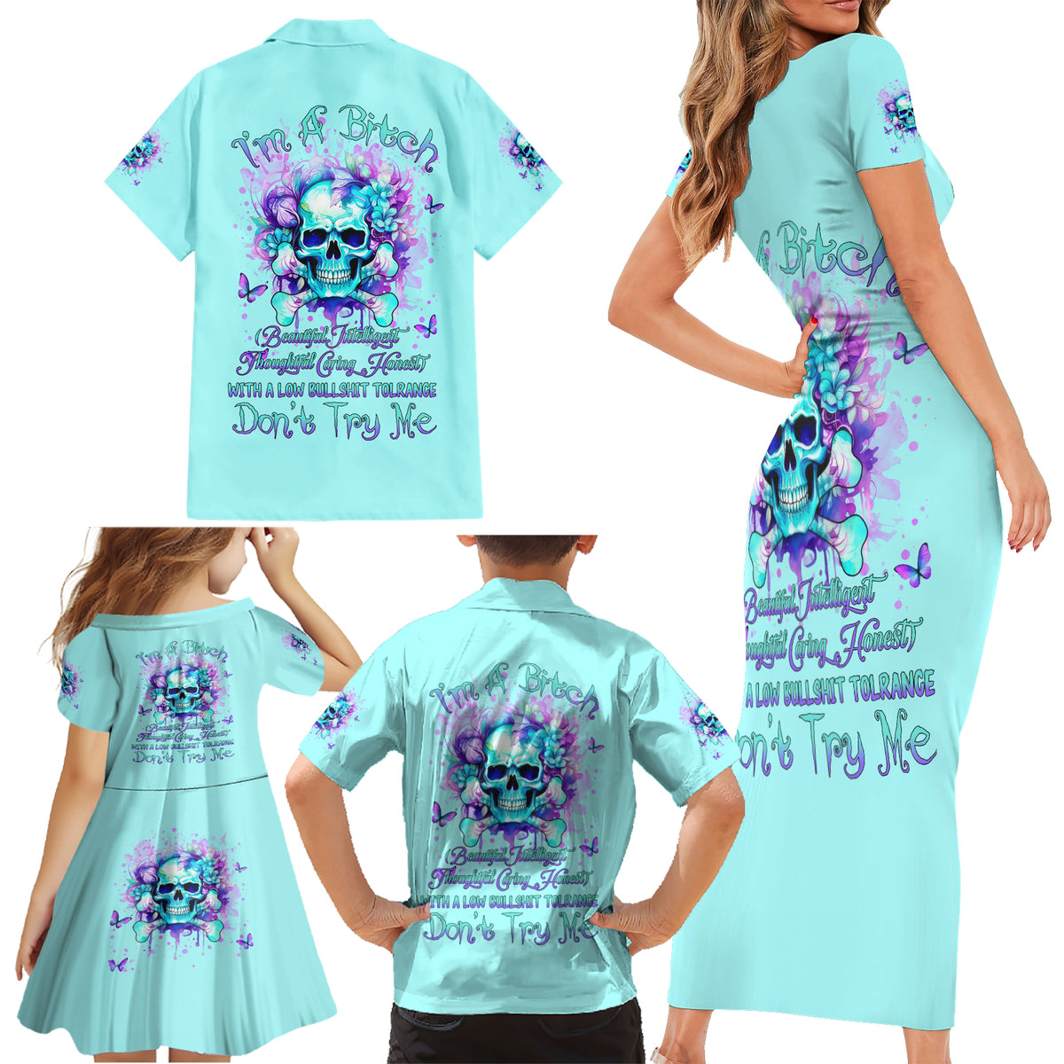Flower Skull Family Matching Short Sleeve Bodycon Dress and Hawaiian Shirt I'm A Bitch With A Low Bullshiit Tolrange Don't Try Me - Wonder Print Shop