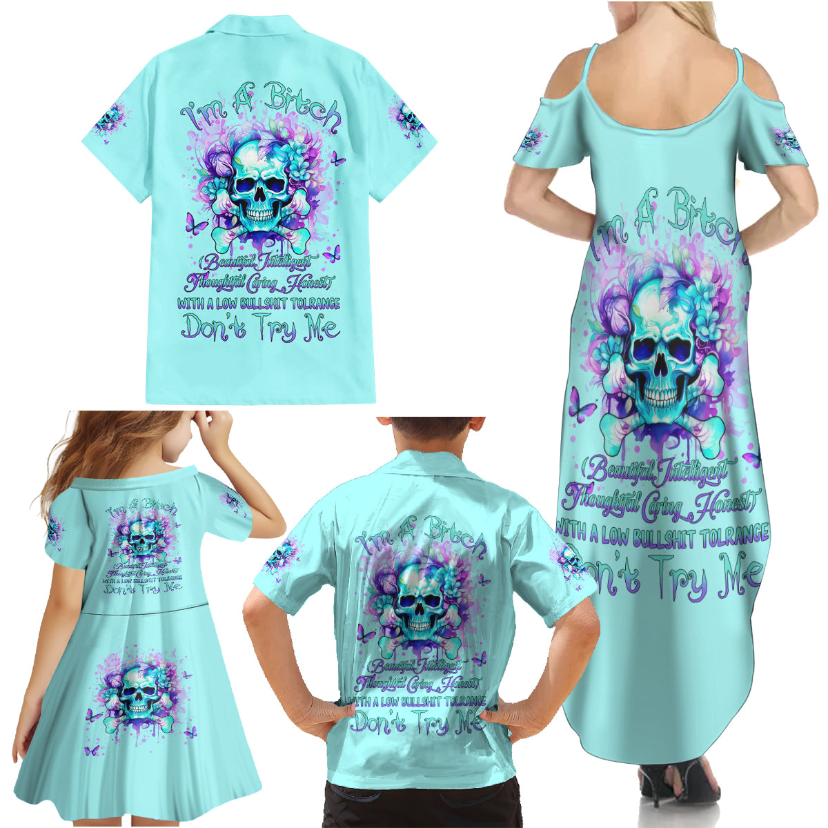 Flower Skull Family Matching Summer Maxi Dress and Hawaiian Shirt I'm A Bitch With A Low Bullshiit Tolrange Don't Try Me - Wonder Print Shop