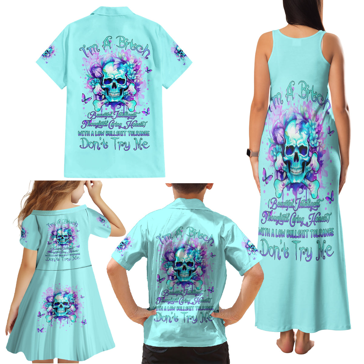 Flower Skull Family Matching Tank Maxi Dress and Hawaiian Shirt I'm A Bitch With A Low Bullshiit Tolrange Don't Try Me - Wonder Print Shop