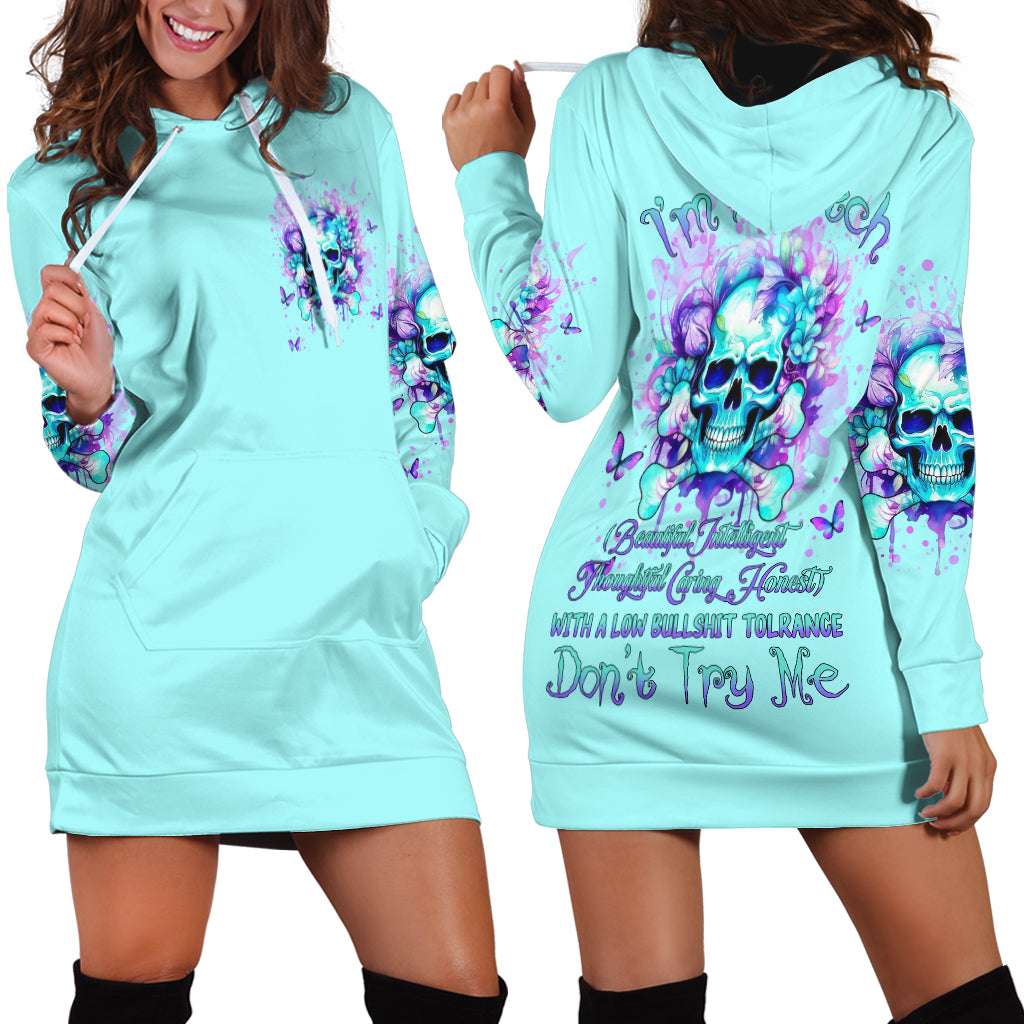 Flower Skull Hoodie Dress I'm A Bitch With A Low Bullshiit Tolrange Don't Try Me - Wonder Print Shop