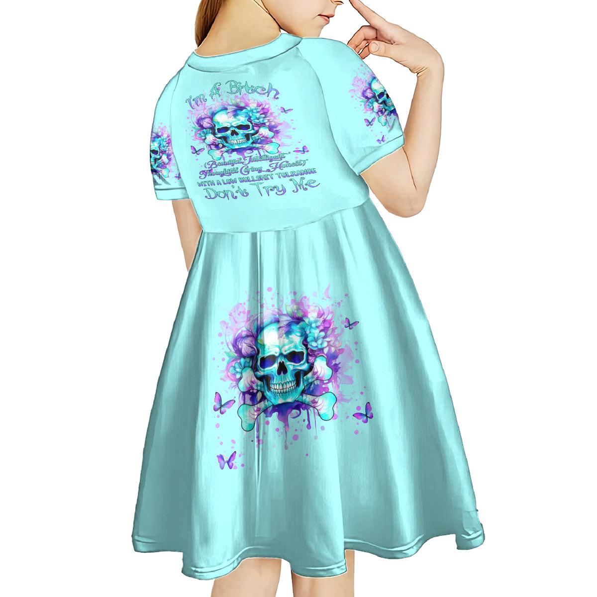 Flower Skull Kid Short Sleeve Dress I'm A Bitch With A Low Bullshiit Tolrange Don't Try Me - Wonder Print Shop