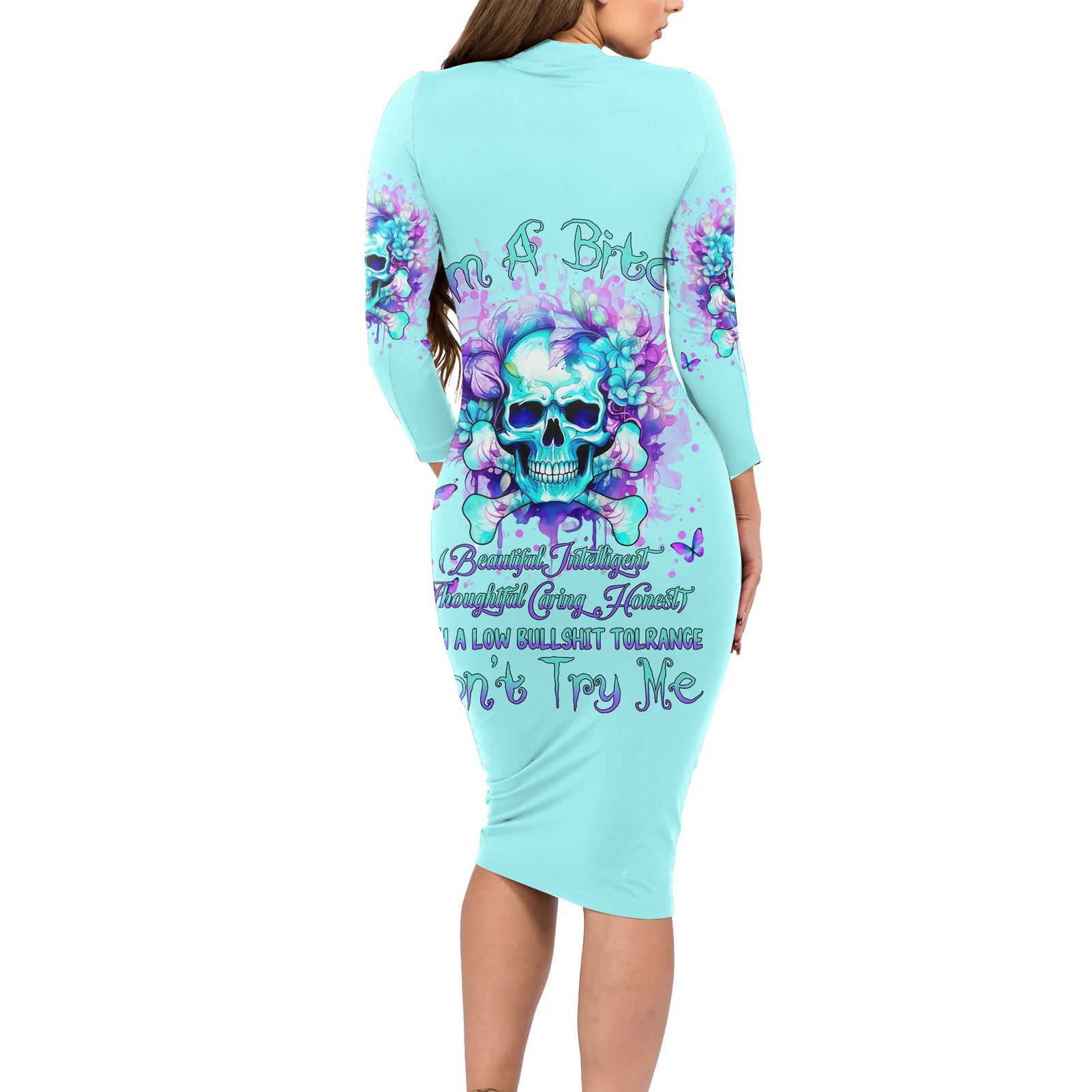 Flower Skull Long Sleeve Bodycon Dress I'm A Bitch With A Low Bullshiit Tolrange Don't Try Me - Wonder Print Shop