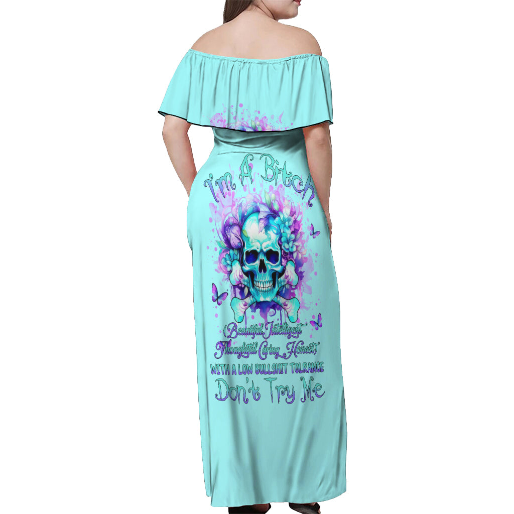 Flower Skull Off Shoulder Maxi Dress I'm A Bitch With A Low Bullshiit Tolrange Don't Try Me - Wonder Print Shop