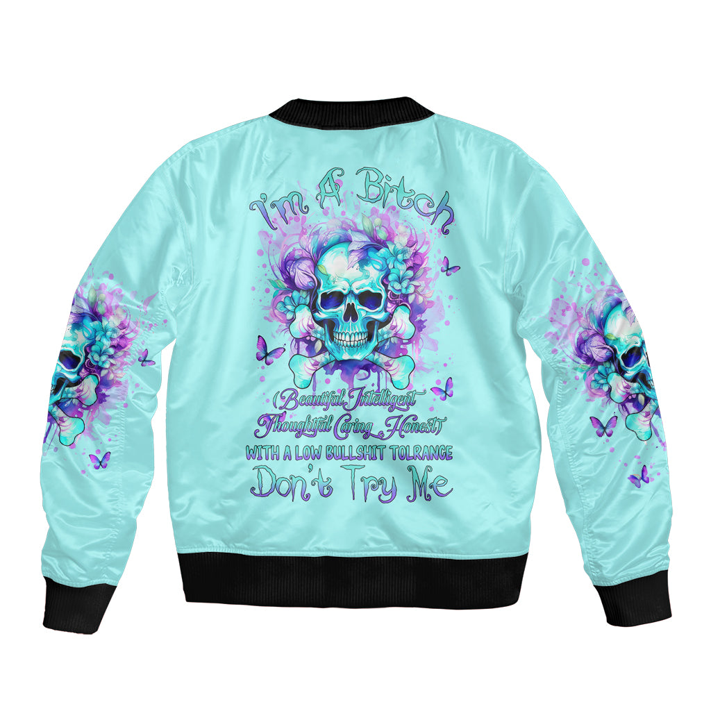 Flower Skull Sleeve Zip Bomber Jacket I'm A Bitch With A Low Bullshiit Tolrange Don't Try Me - Wonder Print Shop