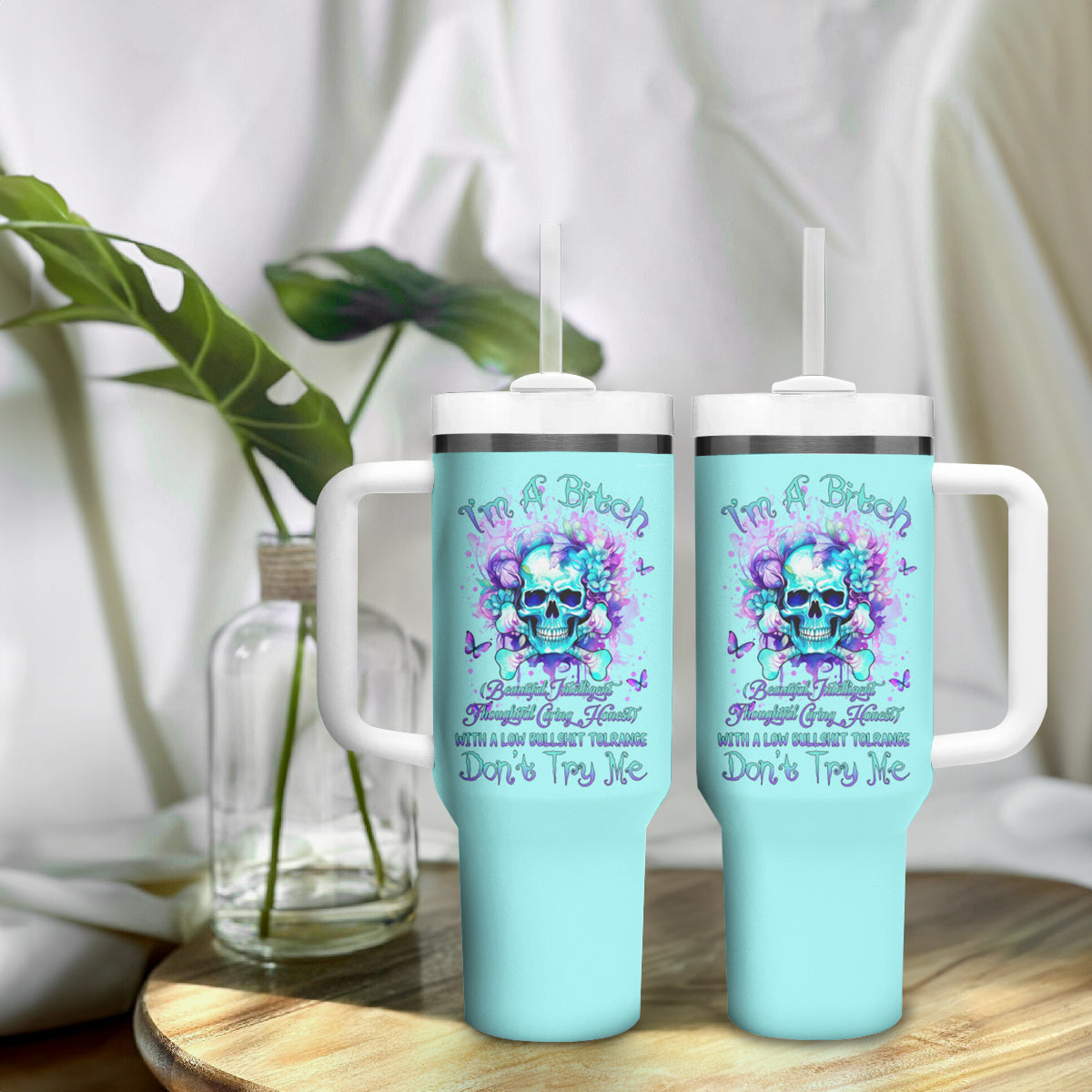 Flower Skull Tumbler With Handle I'm A Bitch With A Low Bullshiit Tolrange Don't Try Me - Wonder Print Shop