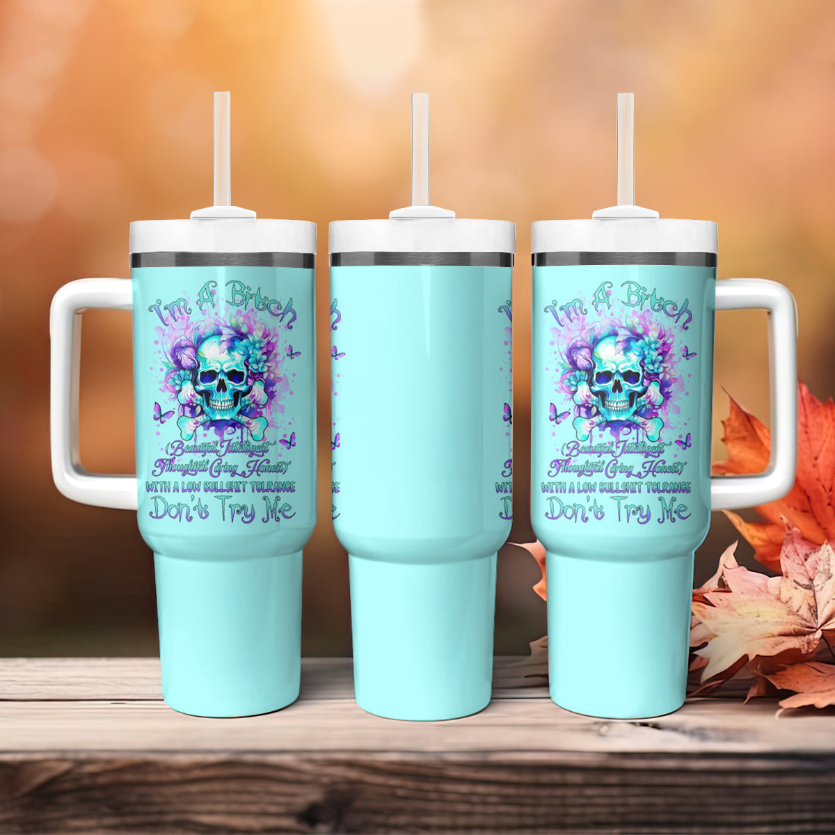 Flower Skull Tumbler With Handle I'm A Bitch With A Low Bullshiit Tolrange Don't Try Me - Wonder Print Shop
