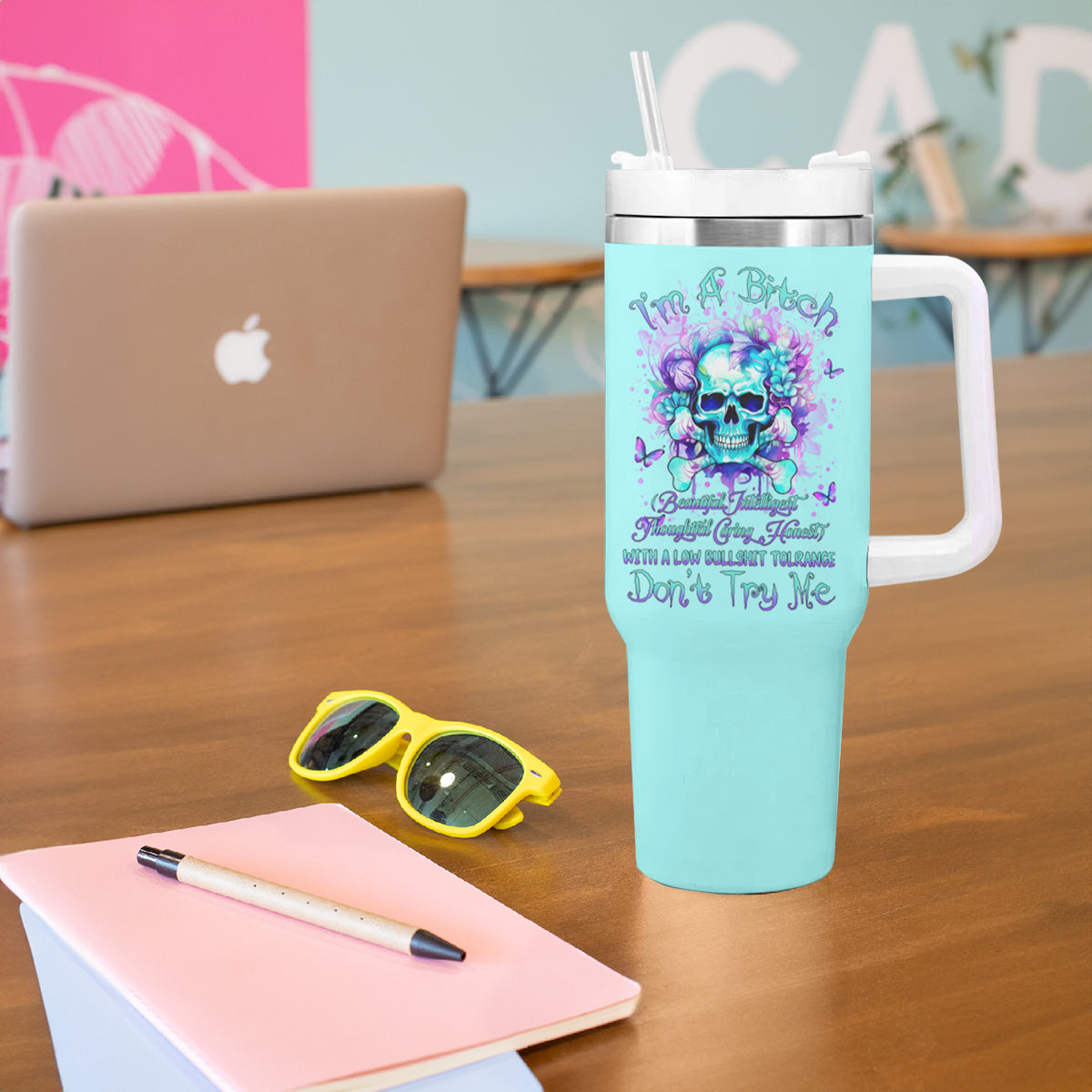 Flower Skull Tumbler With Handle I'm A Bitch With A Low Bullshiit Tolrange Don't Try Me - Wonder Print Shop