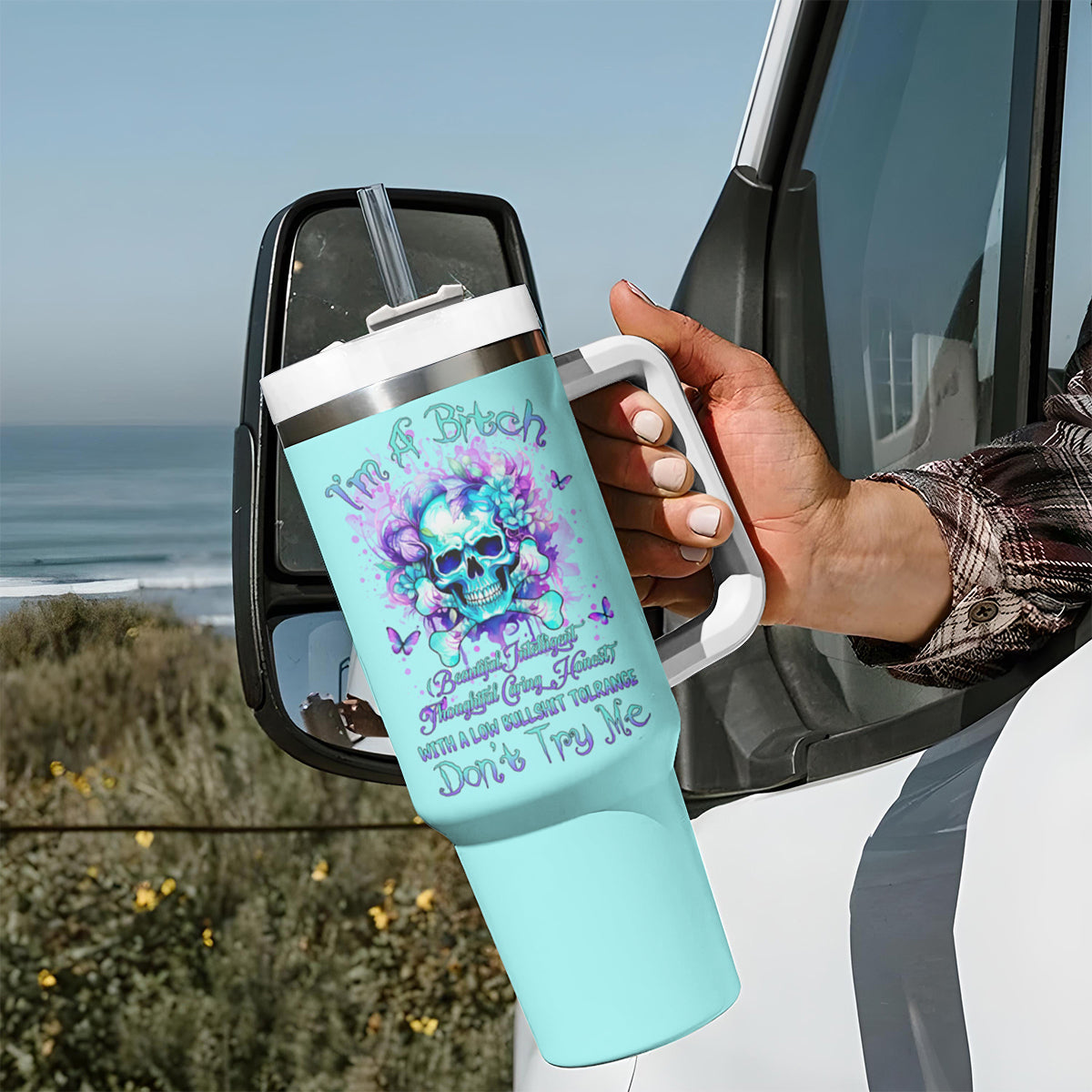Flower Skull Tumbler With Handle I'm A Bitch With A Low Bullshiit Tolrange Don't Try Me - Wonder Print Shop