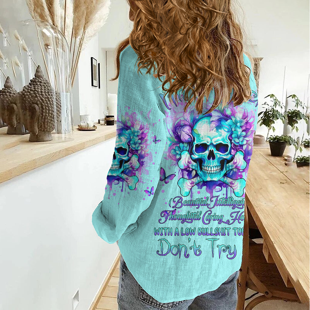 Flower Skull Women Casual Shirt I'm A Bitch With A Low Bullshiit Tolrange Don't Try Me - Wonder Print Shop