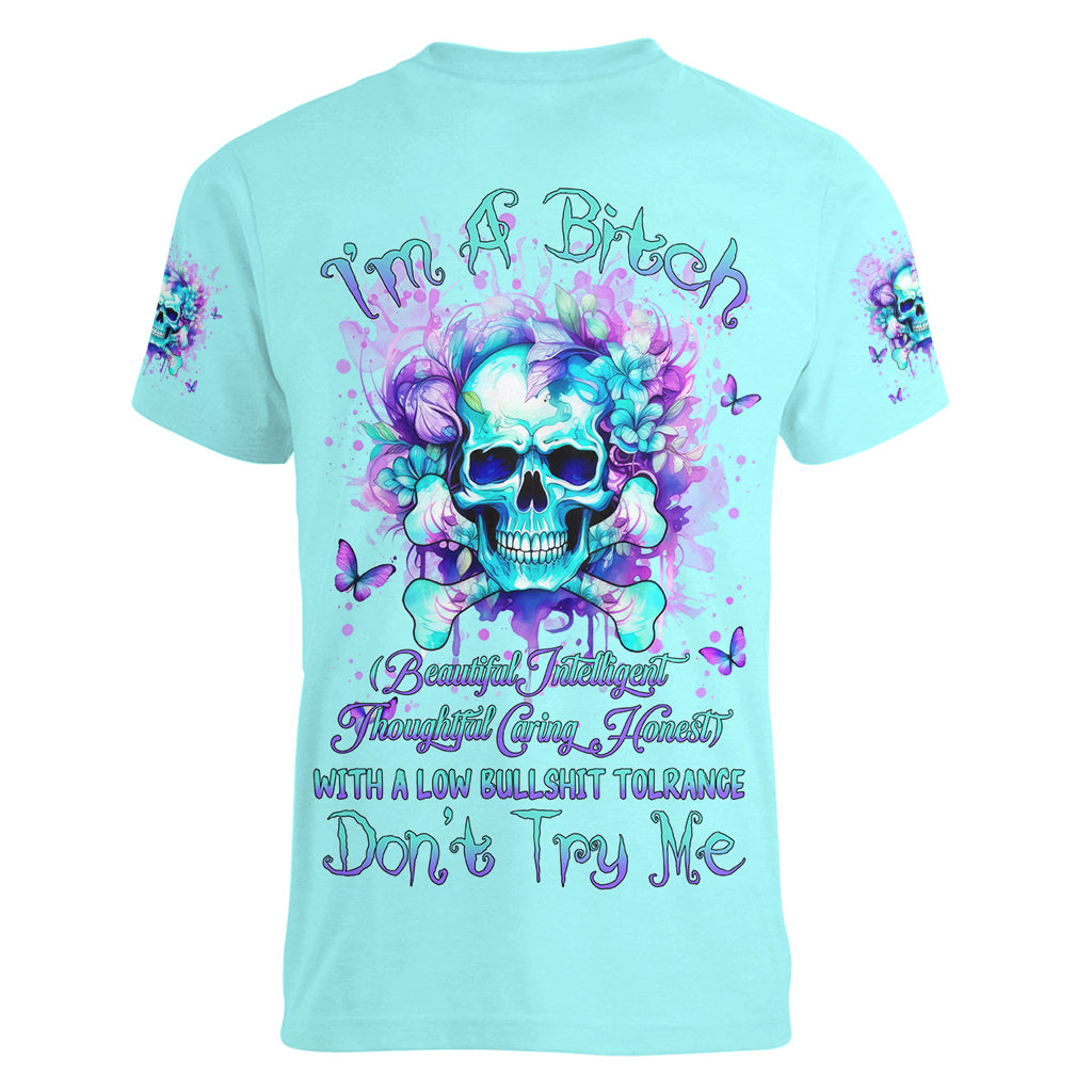 Flower Skull Women V Neck T Shirt I'm A Bitch With A Low Bullshiit Tolrange Don't Try Me - Wonder Print Shop
