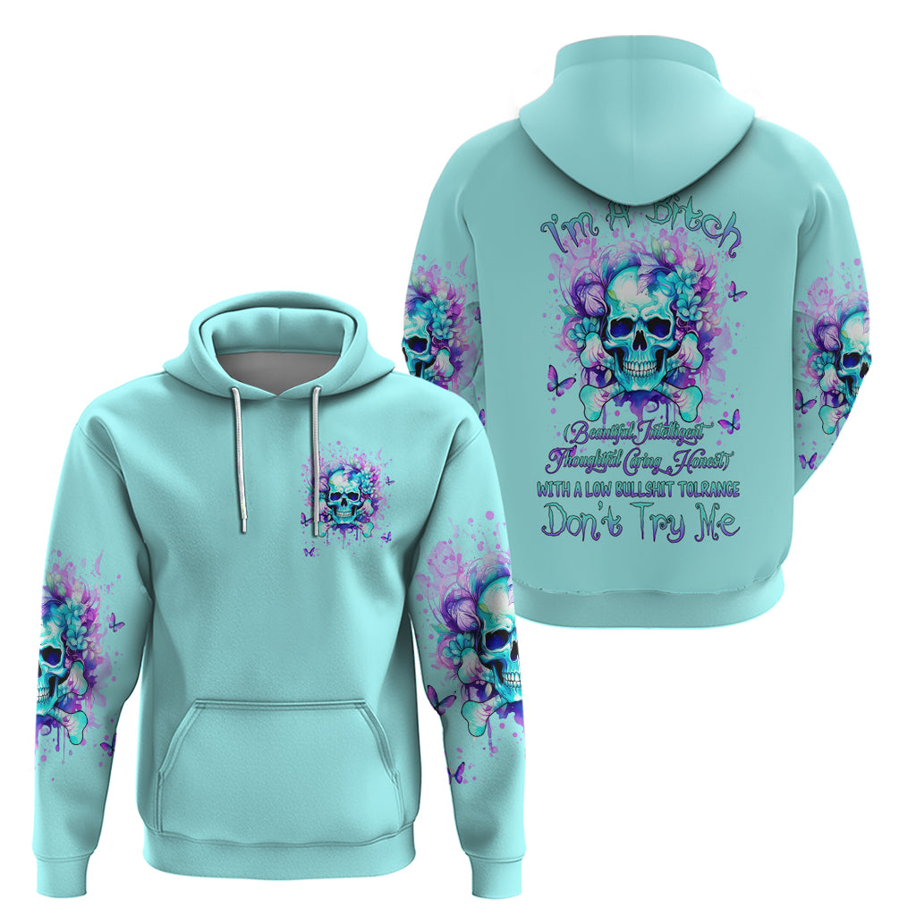 Flower Skull Zip Hoodie I'm A Bitch With A Low Bullshiit Tolrange Don't Try Me - Wonder Print Shop