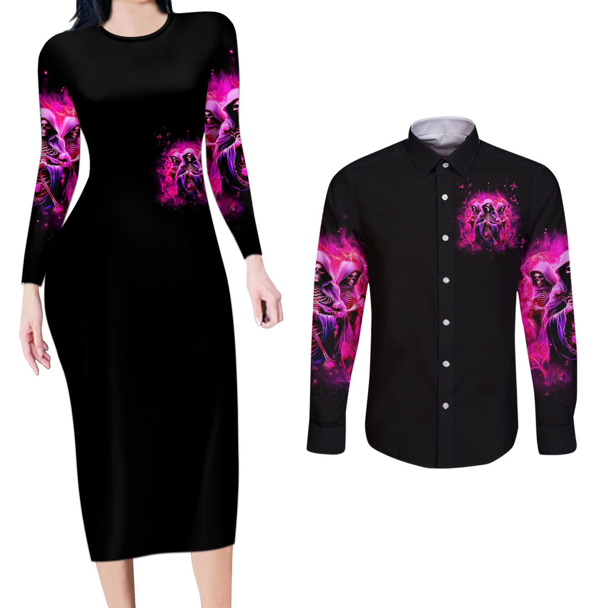 Witch Skull Couples Matching Long Sleeve Bodycon Dress and Long Sleeve Button Shirt Don't Try To Figure Me Out I'm A Special Kind Of Twisted - Wonder Print Shop