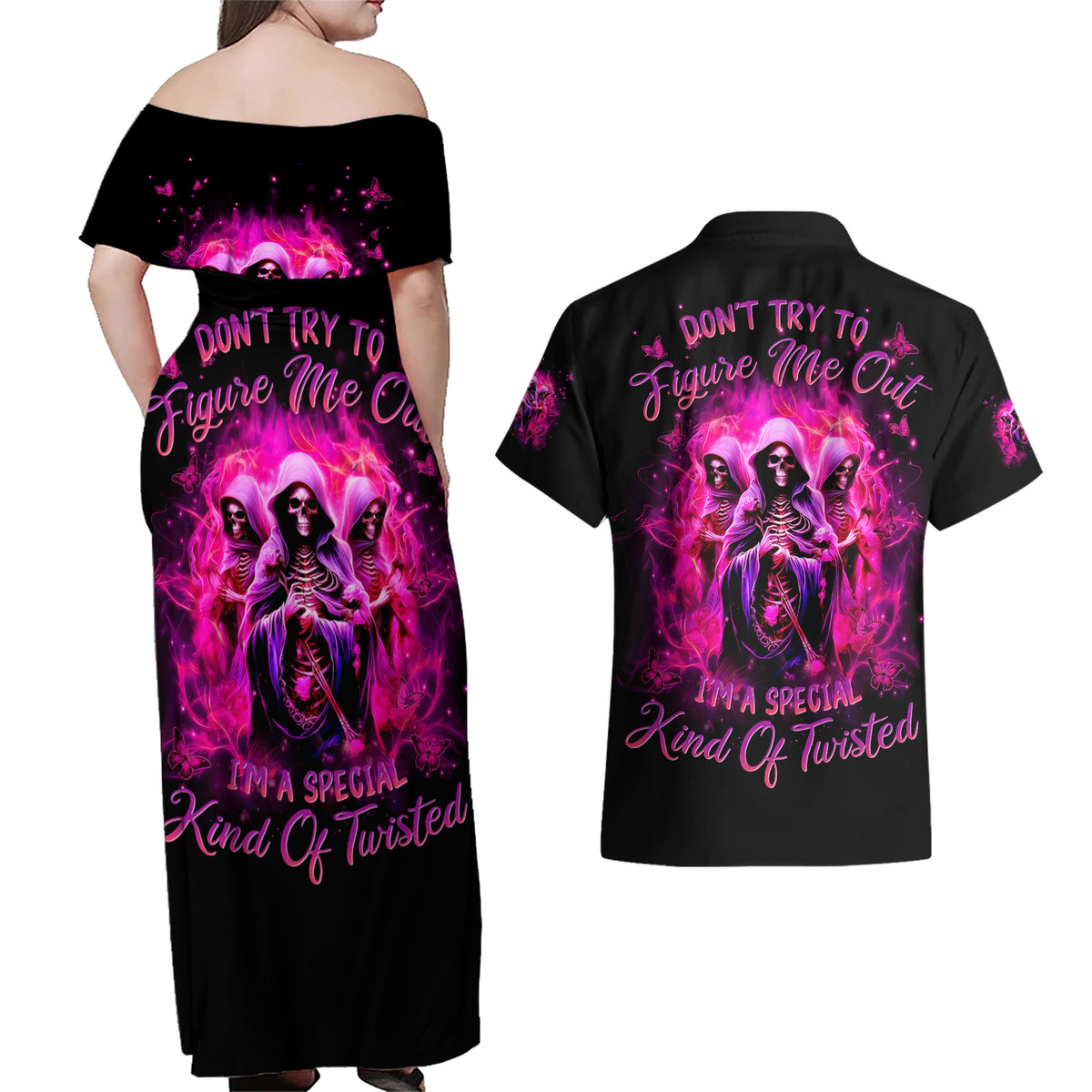 Witch Skull Couples Matching Off Shoulder Maxi Dress and Hawaiian Shirt Don't Try To Figure Me Out I'm A Special Kind Of Twisted - Wonder Print Shop