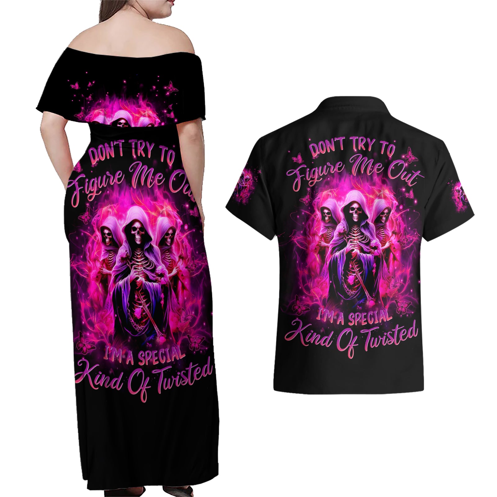 Witch Skull Couples Matching Off Shoulder Maxi Dress and Hawaiian Shirt Don't Try To Figure Me Out I'm A Special Kind Of Twisted - Wonder Print Shop