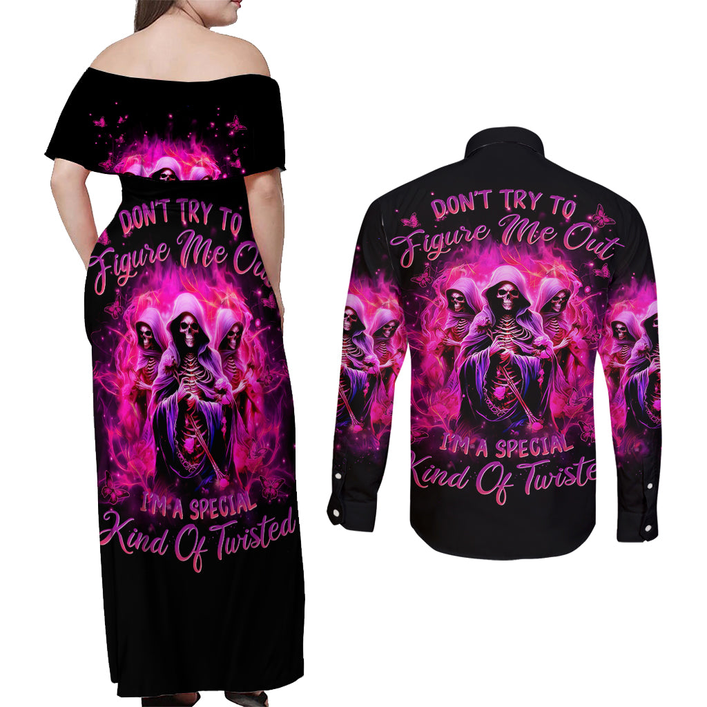 Witch Skull Couples Matching Off Shoulder Maxi Dress and Long Sleeve Button Shirt Don't Try To Figure Me Out I'm A Special Kind Of Twisted - Wonder Print Shop