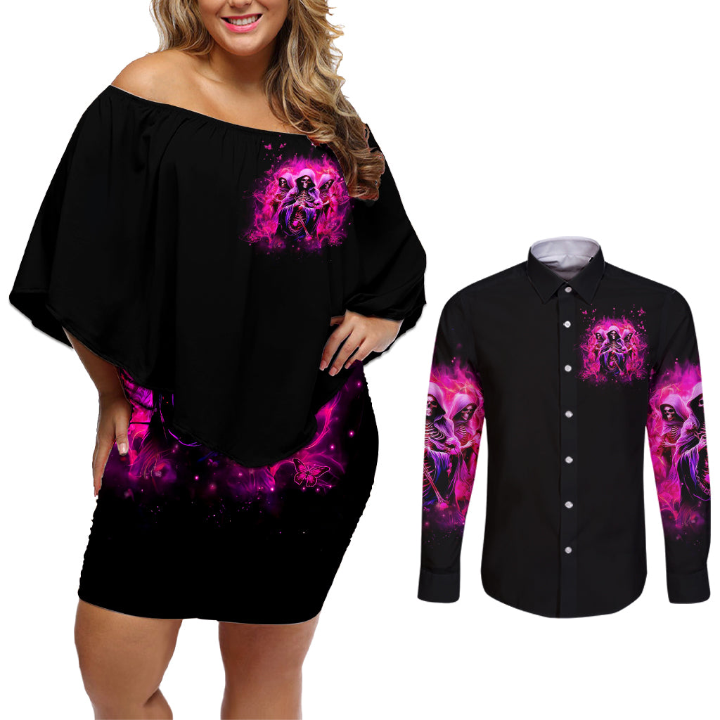 Witch Skull Couples Matching Off Shoulder Short Dress and Long Sleeve Button Shirt Don't Try To Figure Me Out I'm A Special Kind Of Twisted - Wonder Print Shop