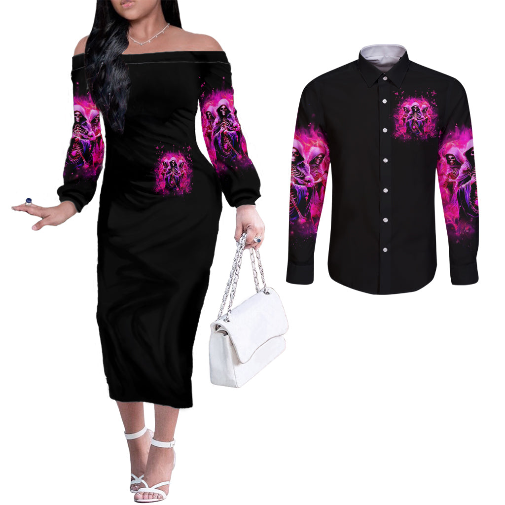 Witch Skull Couples Matching Off The Shoulder Long Sleeve Dress and Long Sleeve Button Shirt Don't Try To Figure Me Out I'm A Special Kind Of Twisted