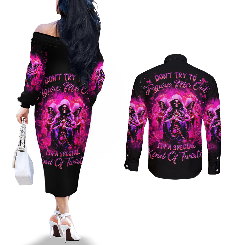 Witch Skull Couples Matching Off The Shoulder Long Sleeve Dress and Long Sleeve Button Shirt Don't Try To Figure Me Out I'm A Special Kind Of Twisted