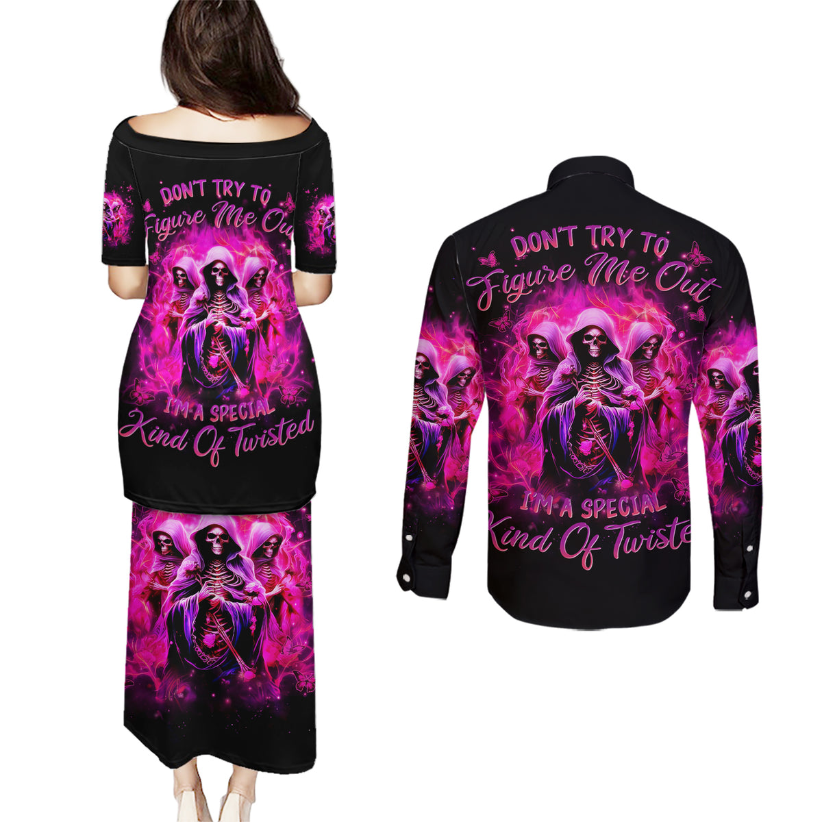 Witch Skull Couples Matching Puletasi and Long Sleeve Button Shirt Don't Try To Figure Me Out I'm A Special Kind Of Twisted - Wonder Print Shop
