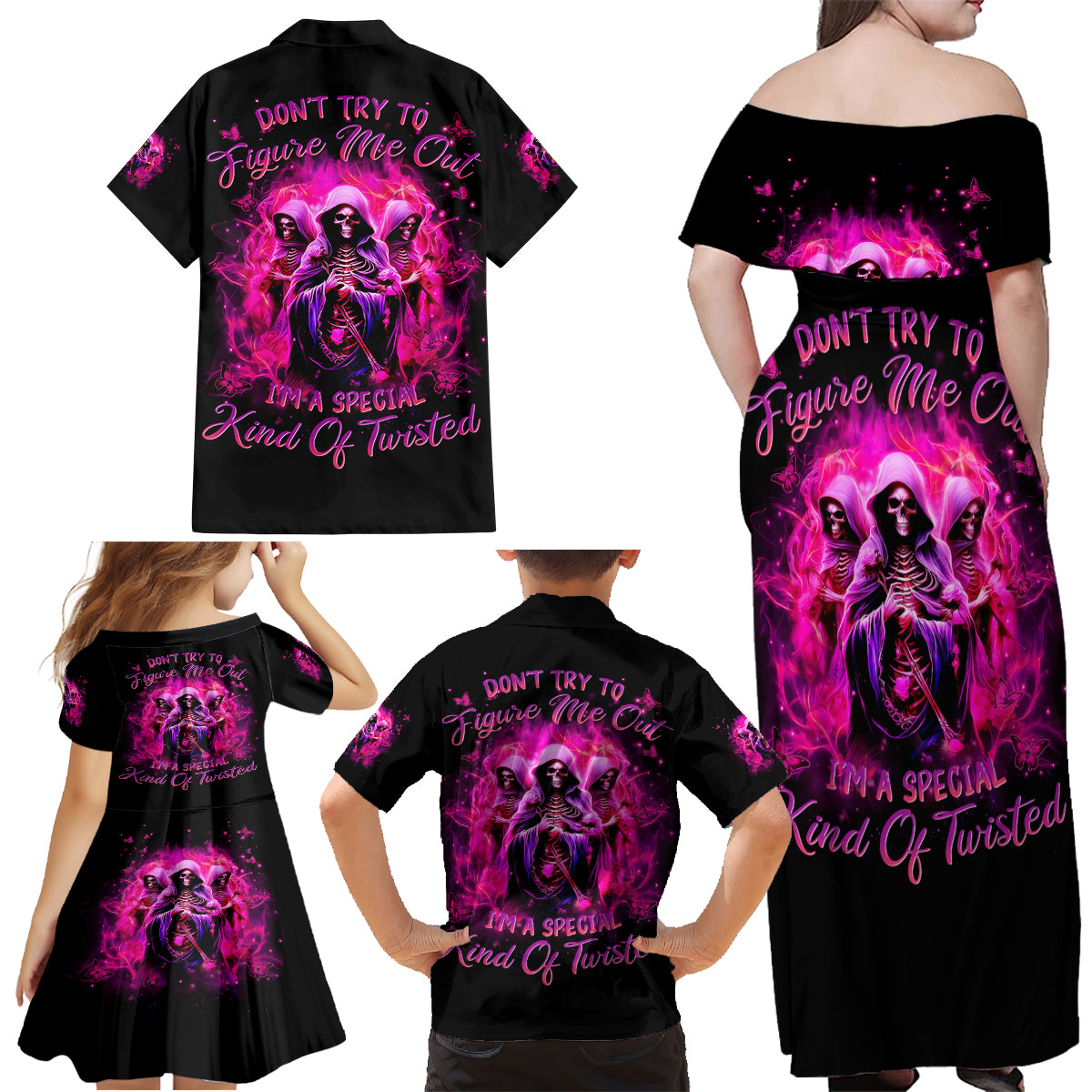 Witch Skull Family Matching Off Shoulder Maxi Dress and Hawaiian Shirt Don't Try To Figure Me Out I'm A Special Kind Of Twisted - Wonder Print Shop