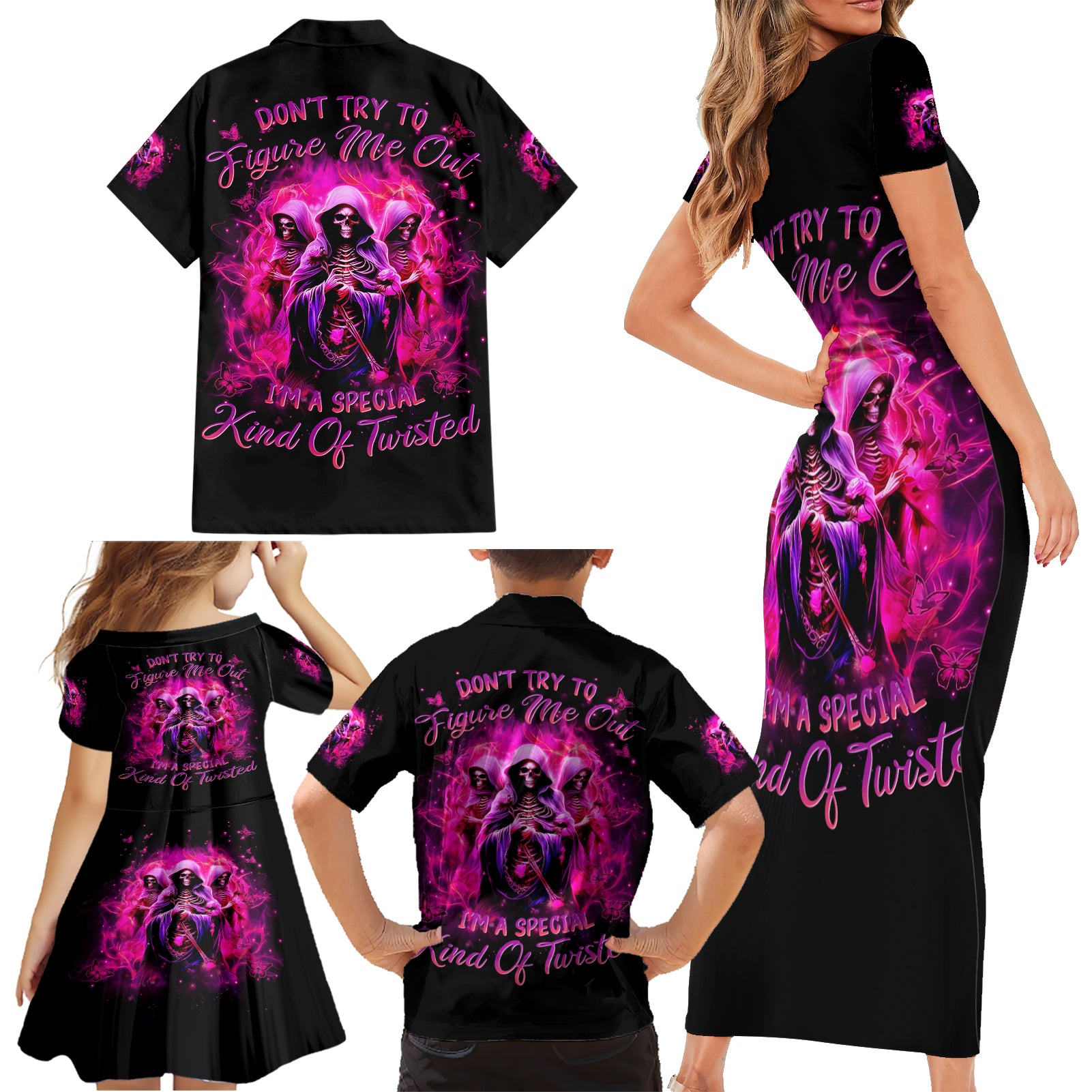 Witch Skull Family Matching Short Sleeve Bodycon Dress and Hawaiian Shirt Don't Try To Figure Me Out I'm A Special Kind Of Twisted - Wonder Print Shop