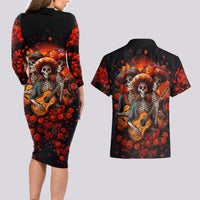 Day of Dead Skull Couples Matching Long Sleeve Bodycon Dress and Hawaiian Shirt Sugar Skull Band Skeleton - Wonder Print Shop